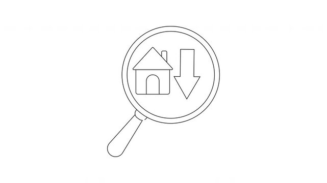 A line drawing of a magnifying glass magnifying a house icon and a downward arrow