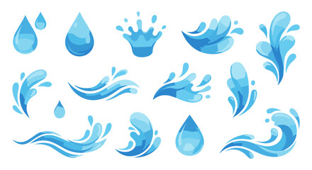 Dynamic set of blue water splashes, droplets, and wave illustrations, perfect for liquid-themed designs, refreshing visual content, and aquatic graphic projects highlighting purity and flow