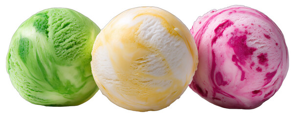 Three colorful ice cream balls in a row on a white background