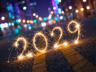 Year 2029 written with glowing sparklers over colorful red and blue fireworks; festive New Year's Eve celebration background