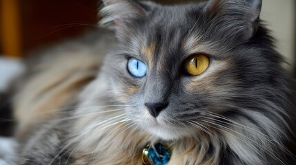Close-up of a long-haired cat, with grey, orange, and white fur, one blue and one yellow eye. Focus on its face