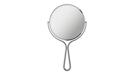Handheld mirror in simple modern design with soft studio lighting on white background for beauty product