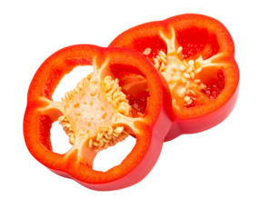 Fresh Red Bell Pepper Halved Showing Seeds and Texture.