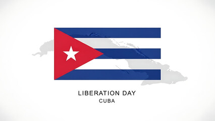 Liberation day cuba greeting card with national flag placed over grey map silhouette on clean white background for formal celebration announcements and official patriotic holidays documentation