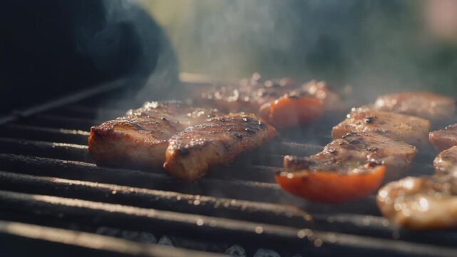 Grilled Meat and Tomatoes on Grill with Smoke in Sunny Outdoor