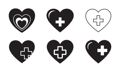 Medical Heart Icon Set, Healthcare First Aid and Cardiology Vector Symbols