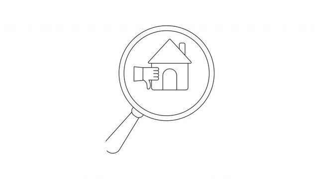 A magnifying glass shows a house with a thumbs down