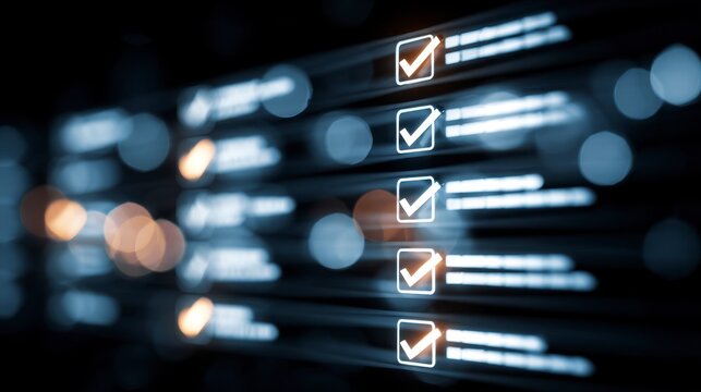 Digitized checklist with glowing check marks, blurred background, representing task completion, progress, and success