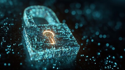 Glowing digital padlock symbol on dark background representing cybersecurity and data protection