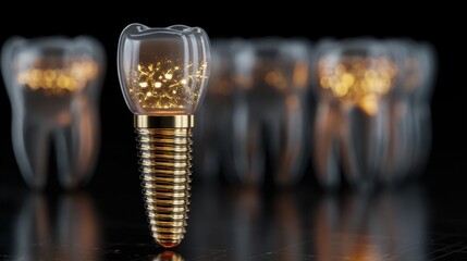 3D Rendering of a Dental Implant with Glowing Golden Inner Structure on Dark Background