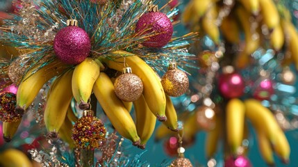 Close-up of uniquely decorated plant structures resembling Christmas trees, adorned with shiny baubles, bananas, and colorful tinsel