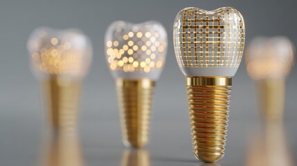 Futuristic dental implants with glowing golden light and transparent crown on dark grey background