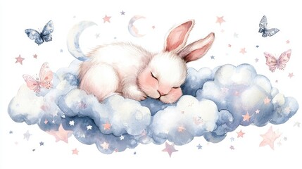 A whimsical illustration of a white rabbit sleeping soundly on a fluffy cloud, surrounded by stars and crescent moons, with butterflies