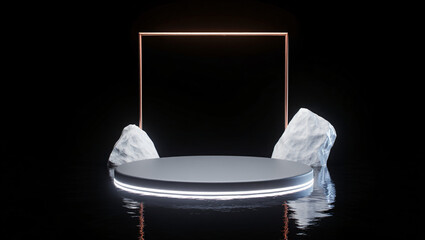 Glowing podium with rocks and frame on black background
