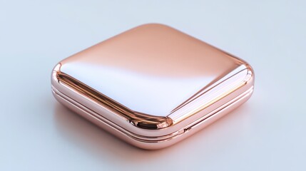 Close-up of a polished, rose gold, square-shaped compact, reflecting light on a smooth, white surface. Simple and elegant object