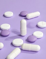 Pills in white and purple on a light purple surface