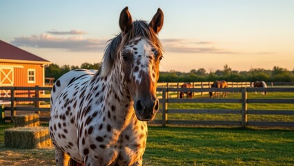 Spotted appaloosa horse in pasture at sunset with barn and green field