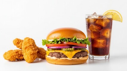 A food and beverage commercial background with a classic burger, crispy chicken tenders, and a cold iced drink on a bright white background for clean branding.