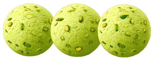 Three pistachio ice cream balls on a clean white background