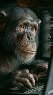Sitting at a desk, an intelligent chimpanzee uses a laptop keyboard to input code that appears on the screen.
