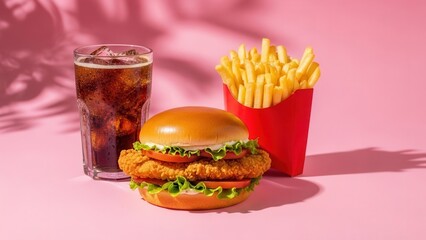 A commercial background image of a value meal combo with a crispy fried chicken sandwich, golden fries, and a cold soft drink on a vibrant pink background.