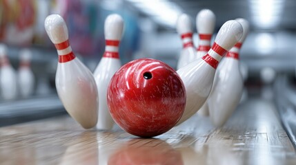 Close-up of a bowling ball smashing into pins, creating a dynamic scene with motion blur. Focus is on the ball & pins