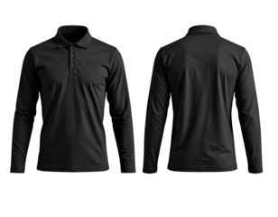 Two views of a plain black long-sleeved polo shirt on a black background