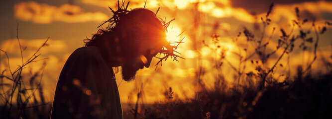 Silhouette of Devotion: A poignant silhouette captures a figure with a crown of thorns, illuminated by a celestial sunset, evoking themes of faith, sacrifice, and spiritual reflection.