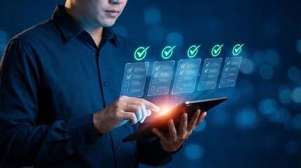 A professional man utilizes a tablet device interacting with a futuristic interface displaying a series of checkmarks and data screens symbolizing successful progress and efficiency
