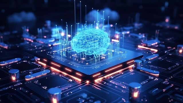 Artificial intelligence brain processing data on a futuristic circuit board and digital network - Powered by Adobe
