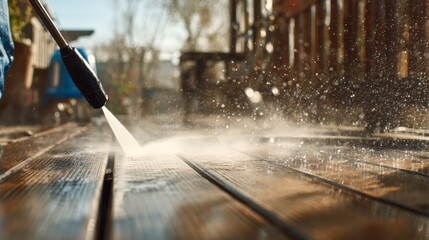 Close-up view of wooden deck being cleaned with a high-pressure washer, water spraying and creating droplets