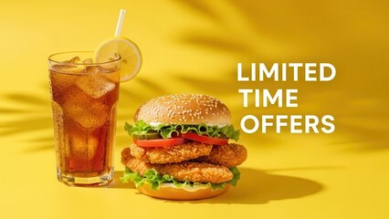 A seasonal food campaign with a crispy chicken tender burger, fresh lettuce and tomato, and a cold iced beverage on a bright yellow background for limited time offers.