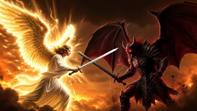 Golden angel in fiery battle with horned devil, swords clash against dark hellish background, concept for theological themes, epic gaming visuals and metaphysical struggle representation