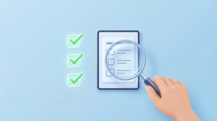 a conceptual image depicting a hand using a magnifying glass to examine a smartphone screen displaying a checklist with completed tasks suggesting verification