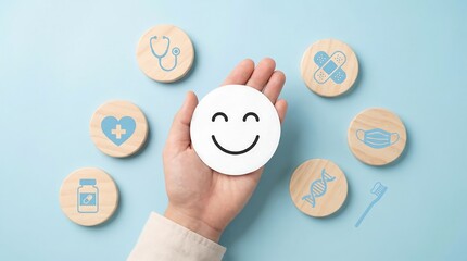 A gentle hand delicately holds a smiling white egg surrounded by wooden tokens representing various aspects of healthcare and well being high quality professional