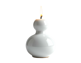 White ceramic vessel with a single lit wick burning brightly