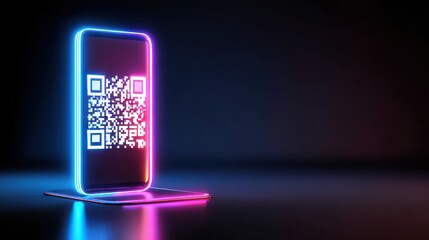 Neon glowing smartphone with QR code displayed on the screen against a dark background