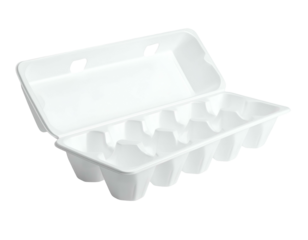 White empty 12-cell carton, open lid, isolated on black