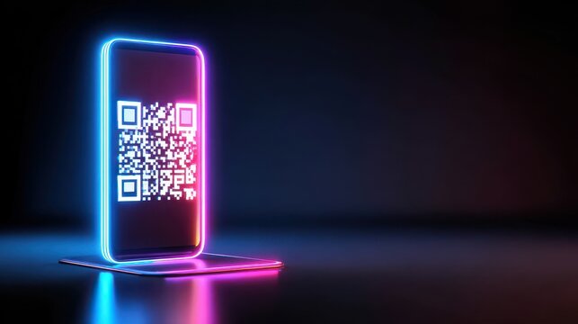 Neon glowing smartphone with QR code displayed on the screen against a dark background - Powered by Adobe