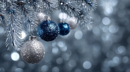 Close-up of shimmering Christmas ornaments, silver and blue, adorning a frosted fir branch against a blurred bokeh background, evoking a festive, wintry mood