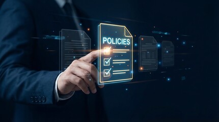 A professional in a suit interacts with a digital interface displaying policies and checklists representing compliance regulations and data security within modern business practices