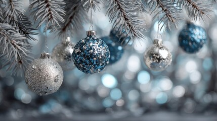 Close-up of Christmas ornaments in silver and blue, hanging on frosted evergreen branches with bokeh background