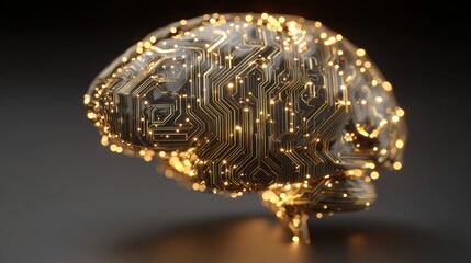 Human Brain Model with Digital Circuit Board Patterns and Glowing Neural Connections