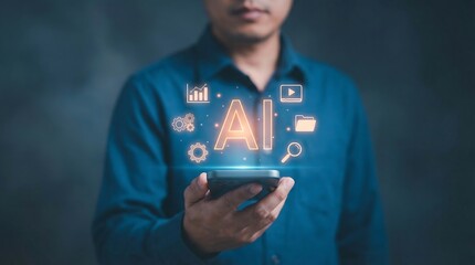 a man is holding a smartphone with glowing artificial intelligence icons surrounding it representing the power of ai technology and its applications high quality