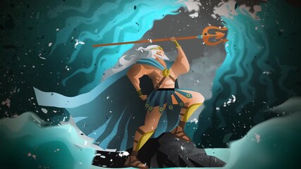 poseidon neptune in the raging sea wielding his trident