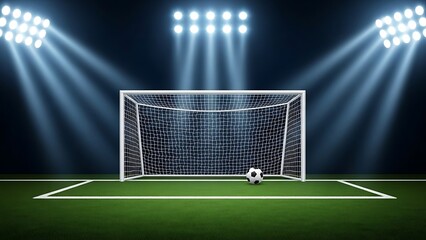 Soccer ball in front of goal on stadiums field under spotlight