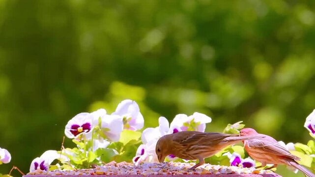Two house sparrows eating seeds on a birdfeeder with flowers