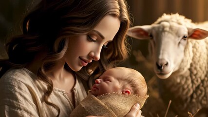Beautiful young woman cradling a sleeping newborn baby wrapped in cloth beside a large sheep in a stable, concept for nativity scenes, holiday cards and inspirational content