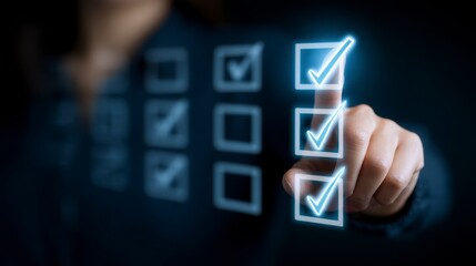 Close-up of a hand selecting options on a digital checklist, the interface glowing blue against a dark background