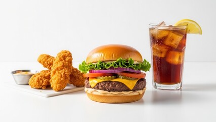A food marketing commercial background with a mouthwatering burger, crispy chicken tenders, and a cold iced beverage on a bright white background for clean and modern branding.
